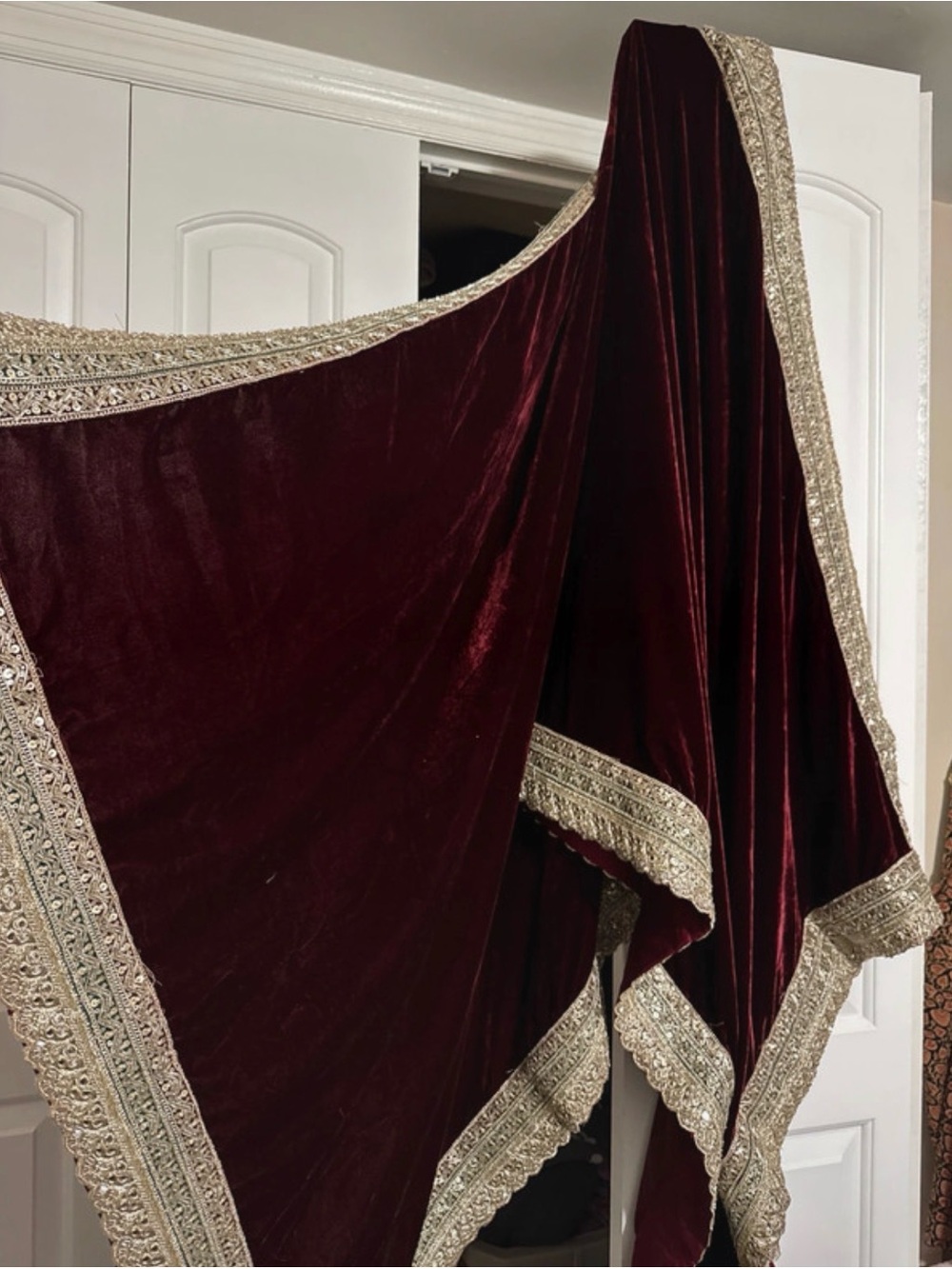 Ethnic Indian Wear Velvet Maroon Shawl with Gold Embroidered Border
